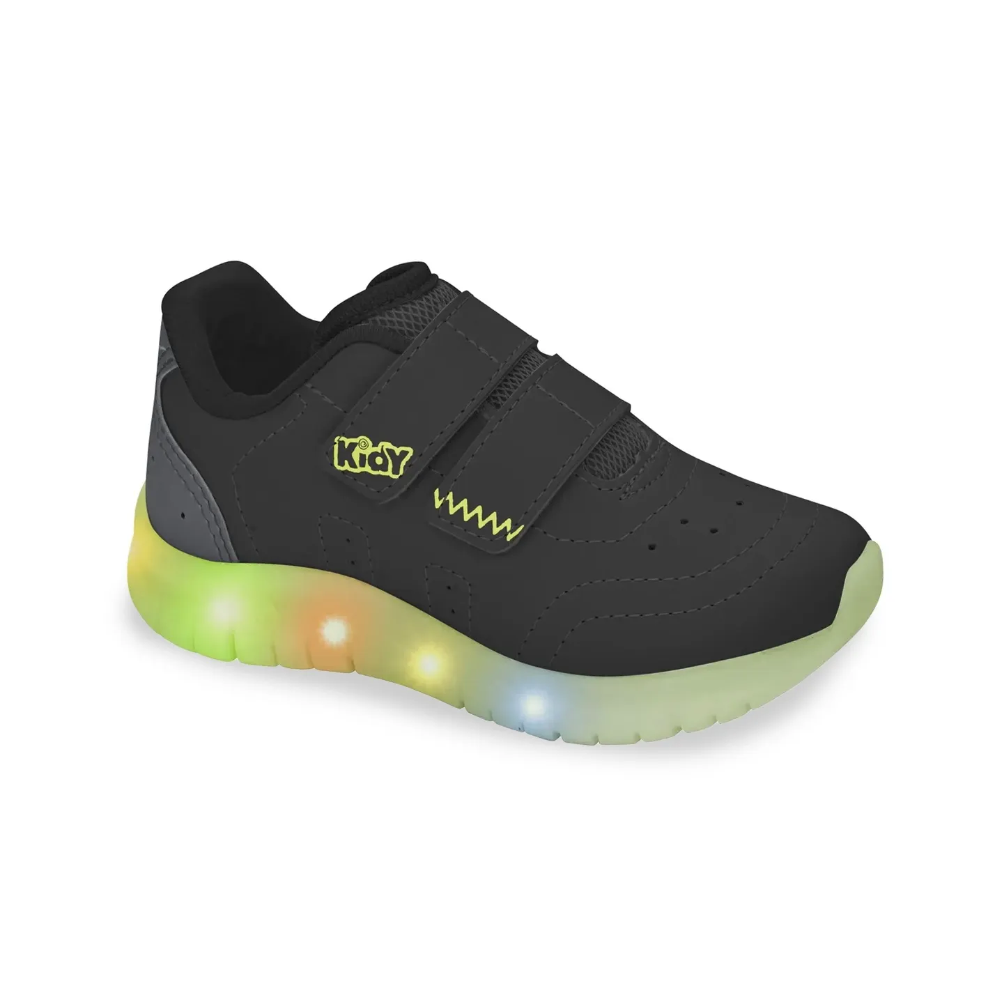 Tênis infantil Kidy preto vista lateral com detalhes neon no solado e velcro